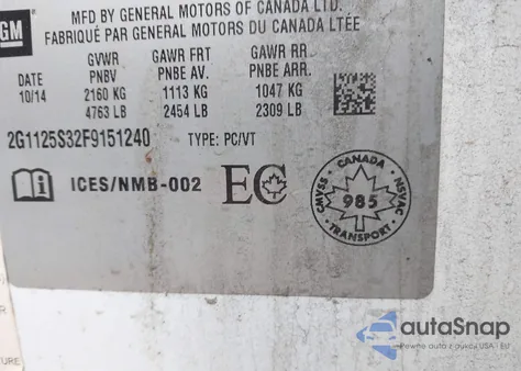 2015 Chevrolet Impala 2Lt from USA, damaged, VIN 2G1125S32F9151240